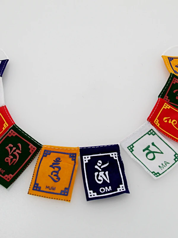 As bandeiras tibetanas 'OM Mantra' em veludo são tradicionalmente usadas para elevar a energia e espalhar intenções positivas pelo ambiente.