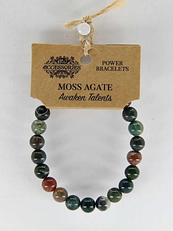 Pulseira de energia com ágata musgosa estabiliza e promove a auto-estima. Restaura a confiança para as habilidades do dia a dia.
