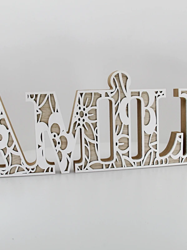 Placa de madeira delicada com a palavra “Família”